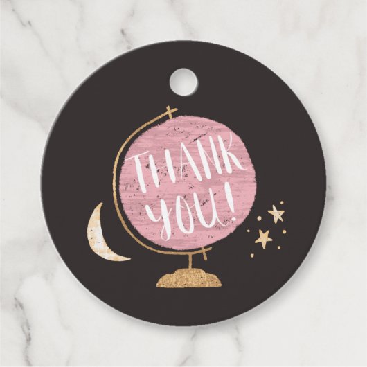 ピンク素朴グローブアドベンチャーテーマベビーシャワー フェイバータグ (正面)