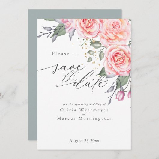 ピンク素朴コテージバラ保存日 招待状 (正面/裏面)