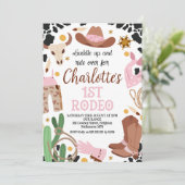 ピンク素朴サドルアップFirst Rodeo 1st Birthday 招待状 (スタンド正面)