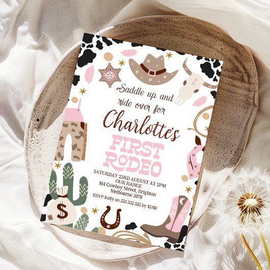 ピンク素朴サドルアップFirst Rodeo 1St Birthday 招待状