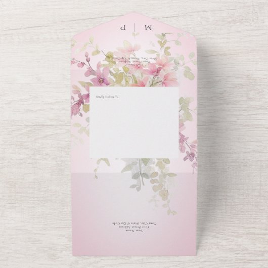 ピンク素朴セージ水カラーフローラピンクNoディナー オールインワン招待状 (外側)