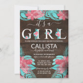 ピンク素朴ティール(緑がかった色)フローラウッドガールベビーシャワー 招待状 (正面)