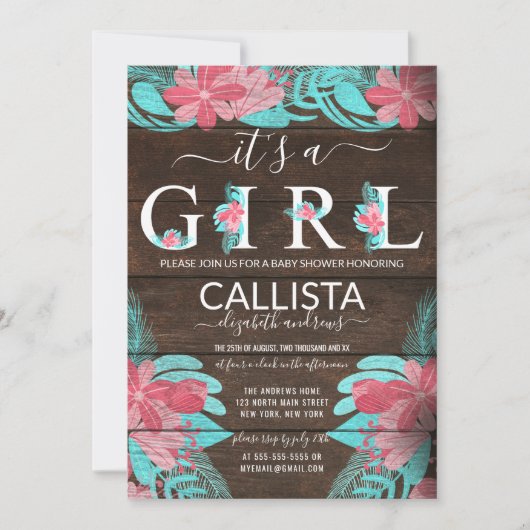 ピンク素朴ティール（緑がかった色）フローラウッドガールベビーシャワー 招待状 (正面)