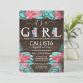 ピンク素朴ティール（緑がかった色）フローラウッドガールベビーシャワー 招待状 (スタンド正面)