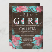 ピンク素朴ティール（緑がかった色）フローラウッドガールベビーシャワー 招待状 (正面/裏面)