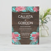 ピンク素朴ティール（緑がかった色）フローラウッドバ結婚ンズ 招待状 (スタンド正面)