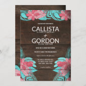 ピンク素朴ティール（緑がかった色）フローラウッドバ結婚ンズ 招待状 (正面/裏面)