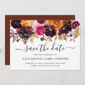 ピンク素朴テラコッタブルゴーニュ赤フローラ結婚ズ セーブザデート (正面/裏面)