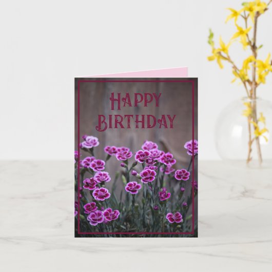 ピンク素朴ディアンツス花誕生日 カード (黄色い花)