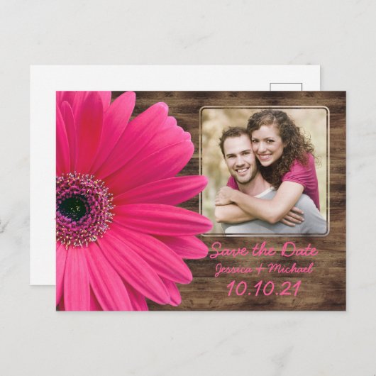 ピンク素朴デイジーウッドフォトウェディングデートを保存 案内ポストカード (正面/裏面)
