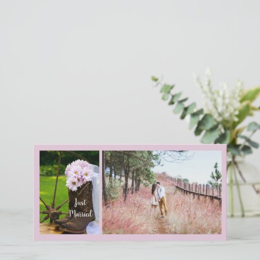 ピンク素朴デイジーカウボーイブーツたった今結婚しました 案内状 (スタンド正面)