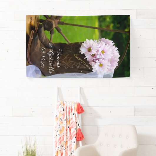 ピンク素朴デイジーカウボーイブーツウェスタン結婚ズ 横断幕 (インサイチュ)