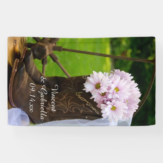 ピンク素朴デイジーカウボーイブーツウェスタン結婚ズ 横断幕 (横)