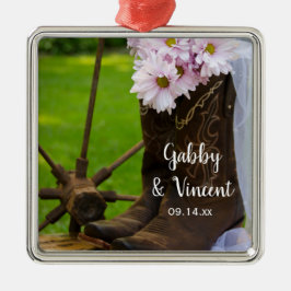 ピンク素朴デイジーカウボーイブーツカントリーウェディング メタルオーナメント