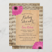 ピンク素朴デイジーフローラヴィンテージ音楽ベビーシャワー 招待状 (正面/裏面)