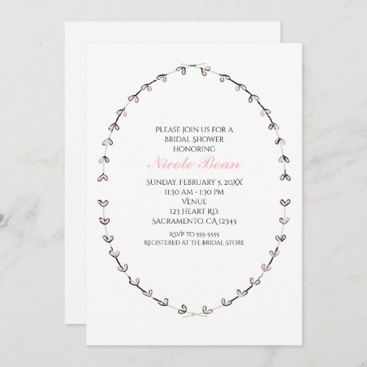ピンク素朴ハートつる植物フレームブライダルシャワー 招待状 (正面/裏面)