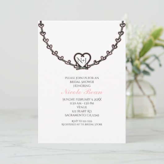 ピンク素朴ハートつる植物ブライダルシャワーパーティー 招待状 (スタンド正面)