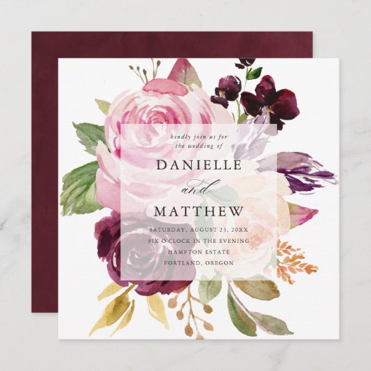 ピンク素朴バーガンディとパープルフローラ 招待状 (正面/裏面)