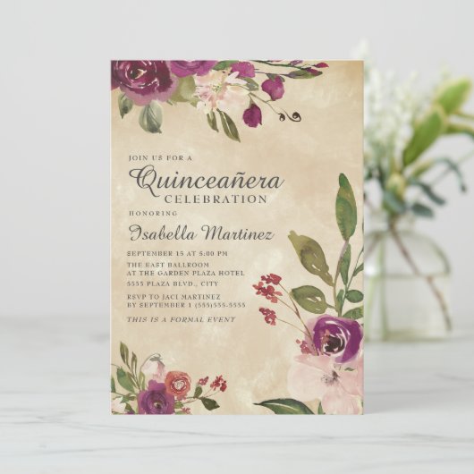 ピンク素朴パープルウォーター色フローラキンセアニラ 招待状 (スタンド正面)