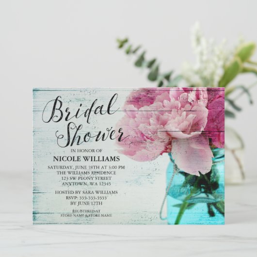 ピンク素朴ピーニーメイソンジャーブライダルシャワー 招待状 (スタンド正面)