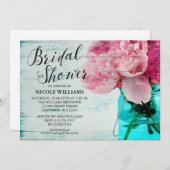 ピンク素朴ピーニーメイソンジャーブライダルシャワー 招待状 (正面/裏面)