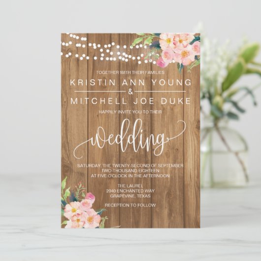 ピンク素朴フローラとウッド結婚式招待状 招待状 (スタンド正面)