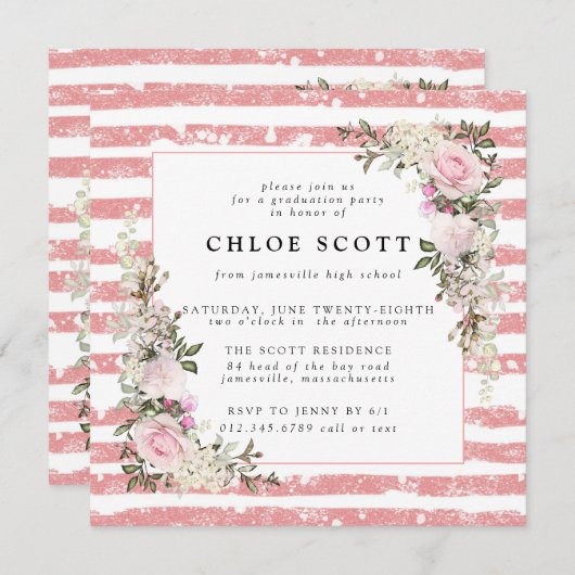 ピンク素朴フローラとストライプ卒業 招待状 (正面/裏面)