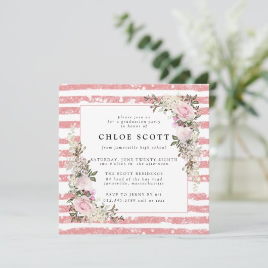 ピンク素朴フローラとストライプ卒業 招待状 (スタンド正面)