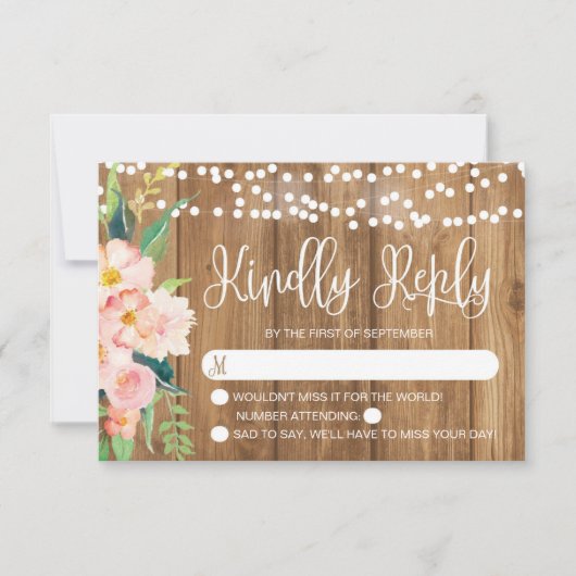 ピンク素朴フローラと木製ウェディングRSVP 出欠カード (正面)