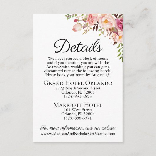 ピンク素朴フローラの結婚詳細カード挿入 エンクロージャーカード (正面)