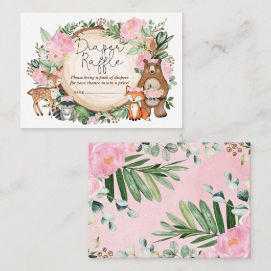 ピンク素朴フローラウッドランド動物おむつラッフル エンクロージャーカード (正面/裏面)