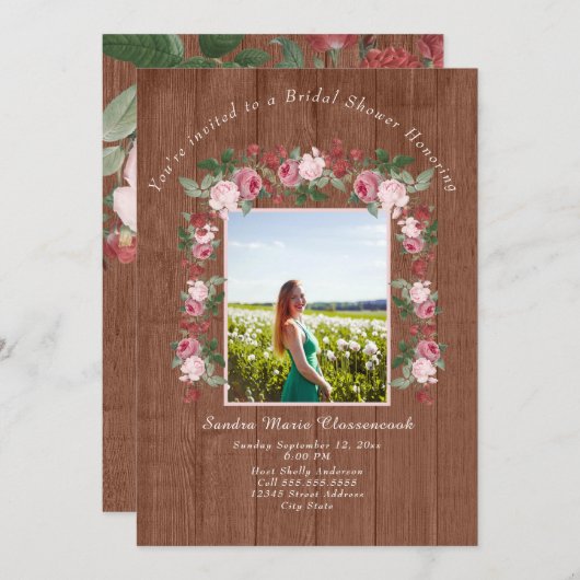 ピンク素朴フローラウッド結婚のブライダルシャワーInv 招待状 (正面/裏面)