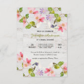 ピンク素朴フローラオンホワイトウッドシャワー招待状 (正面/裏面)
