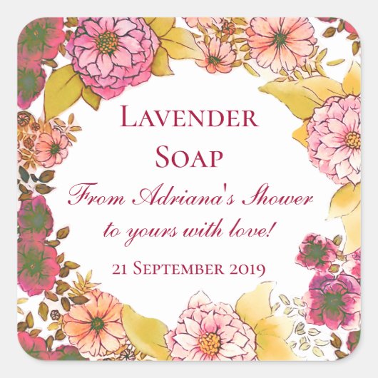 ピンク素朴フローラギフトソープブライダルシャワー スクエアシール (正面)