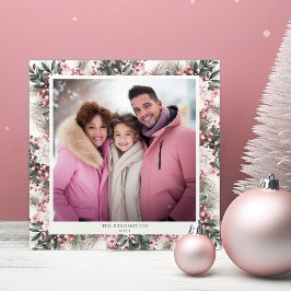 ピンク素朴フローラジンガムプレイドホリデーフォト シーズンカード