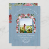 ピンク素朴フローラダスティブルーブライダルシャワー 招待状 (正面/裏面)