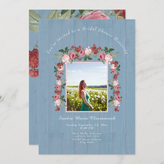 ピンク素朴フローラダスティブルーブライダルシャワー 招待状 (正面/裏面)