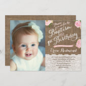 ピンク素朴フローラバプテスマ1歳パーティー 招待状 (正面/裏面)