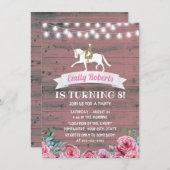 ピンク素朴フローラバーンウッドホース誕生日 招待状 (正面/裏面)