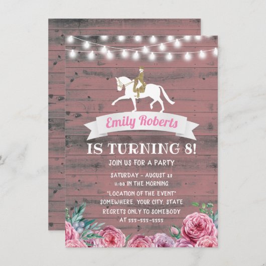 ピンク素朴フローラバーンウッドホース誕生日 招待状 (正面/裏面)