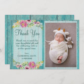 ピンク素朴フローラブルーウッドベビーシャワーありがとう サンキューカード (正面/裏面)
