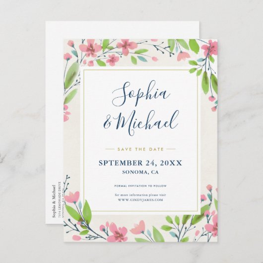 ピンク素朴フローラ保存日招待状 ポストカード (正面/裏面)
