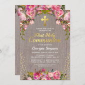 ピンク素朴フローラ初の聖餐式 招待状 (正面/裏面)