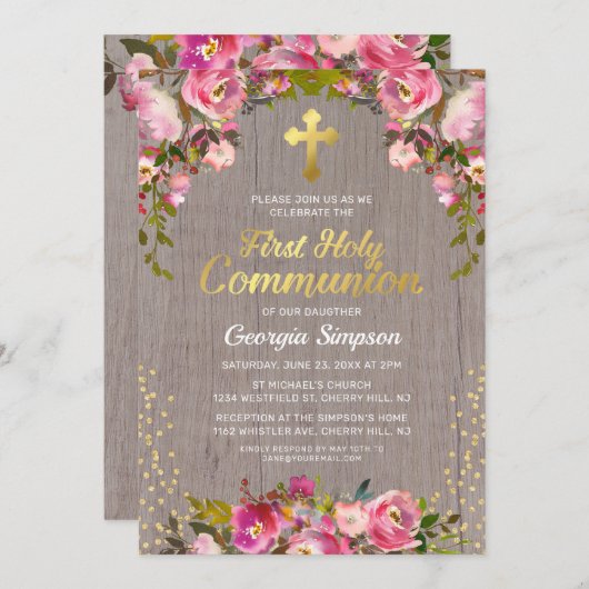 ピンク素朴フローラ初の聖餐式 招待状 (正面/裏面)