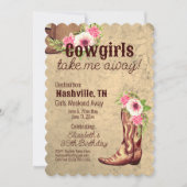 ピンク素朴フローラ女性のカーボーイ招待状2辺 招待状 (正面)