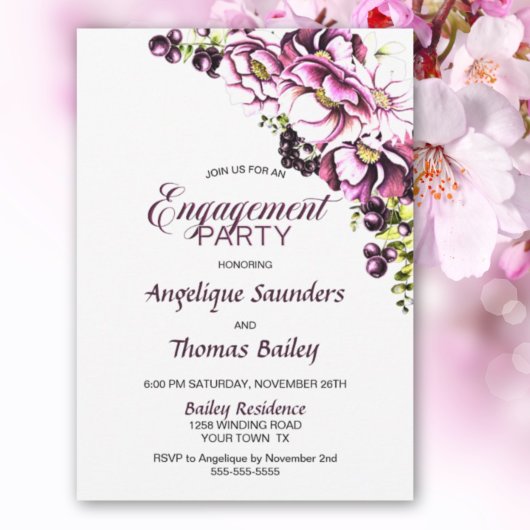 ピンク素朴フローラ婚約パーティ招待状 招待状