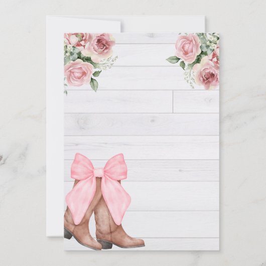 ピンク素朴フローラ征服女性のカーボーイブート誕生日 招待状 (裏面)