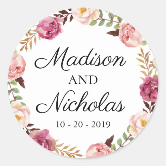 ピンク素朴フローラ結婚封筒用シールシール ラウンドシール (正面)