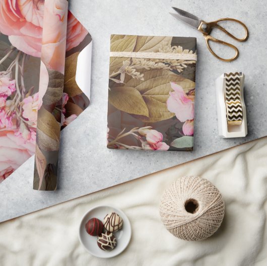 ピンク素朴フローラ緑化ユーカリ ラッピングペーパー (クラフト)