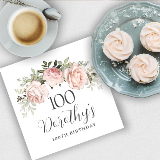 ピンク素朴フローラ100thバースデーパーティーカスタム スタンダードカクテルナプキン